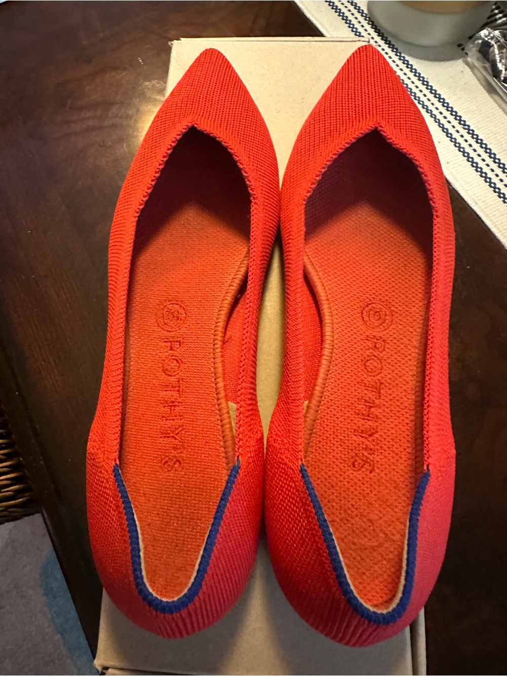 Rothy's Persimmon Pointed-Toe Knit Flats with Blue Trim